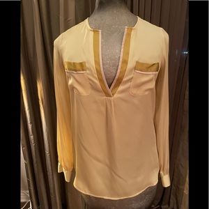 The Limited two toned yellow v neck  silky tunic with white collar trim